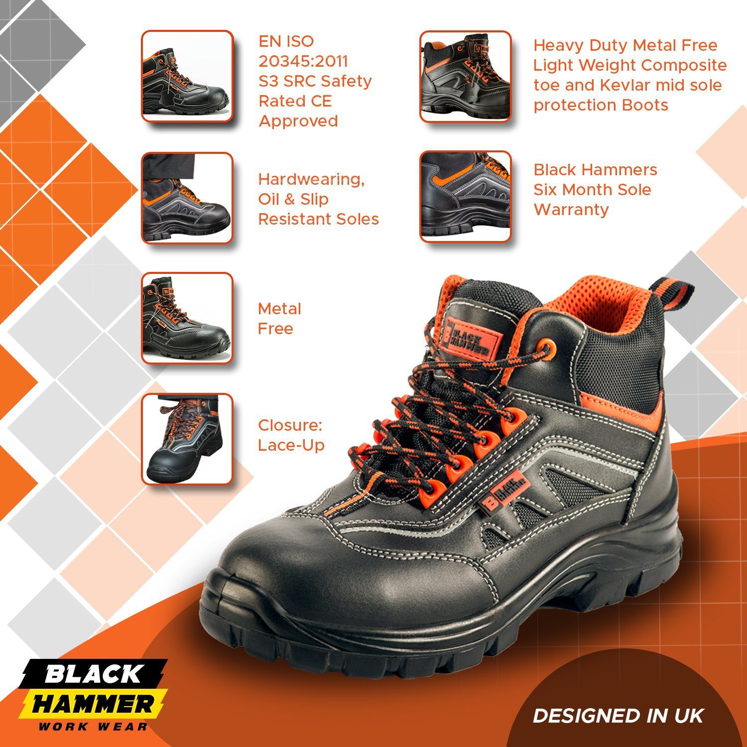 8852 Mens Heavy Duty Safety Boots Composite Toe Cap Kevlar Midsole Black Hammer